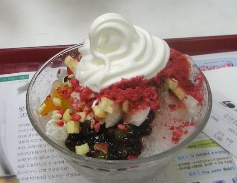 - Crushed Ice
- Red beans
- Ice cream
- Pineapple
- Frozen and crushed strawberry
- Jelly candy
