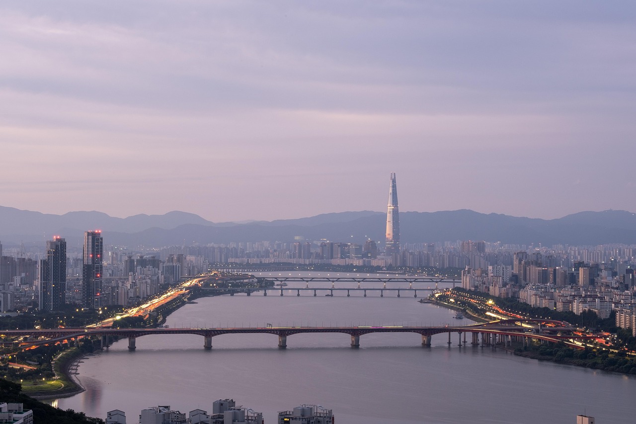 seoul, city, landscape, architecture, nature, korea, sunrise, view, dawn, lotte tower, han river