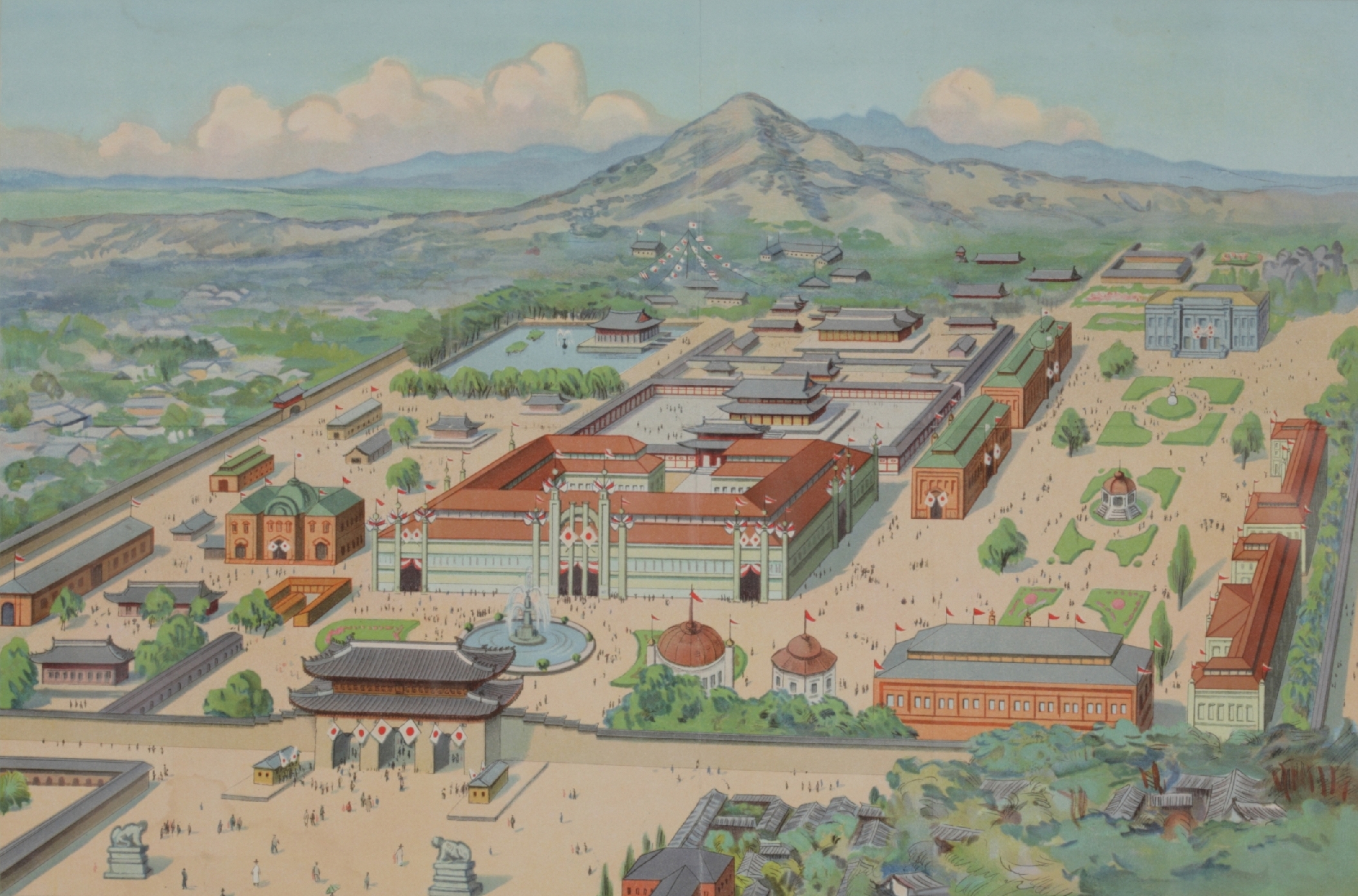 1915년 9월 시정오년(始政五年)을 기념하여 조선총독부가 경복궁에서 개최한 조선물산공진회 광고지. 총 4면. 한쪽 면에는 공진회 회장(會場)인 경북궁 전경이 있고, 그 옆면에는 회장 안내문과 기차 및 뱃삯 할인, 인력거 금액, 서울에 있는 여관과 명승유람지 등에 대한 안내문이 실려 있음. 뒷면에는 조선 각 지역 명승지 및 특산물에 대한 소개가 실려 있음. 일문(日文) 표기. (접힌 크기 : 세로 39.5, 가로 54.2).