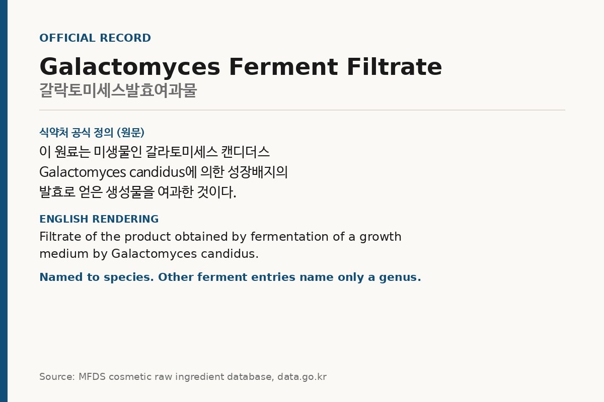 Card quoting the MFDS definition of galactomyces ferment filtrate