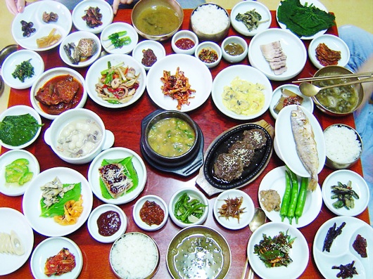 A hanjeongsik table setting with various banchan in Damyang, Jeolla province, Republic of Korea
